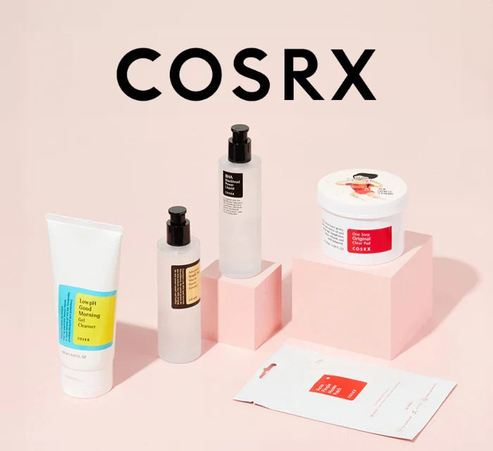 COSRX best-selling K-Beauty products including snail mucin essence, salicylic cleansers, and acne patches